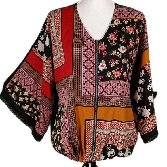 CHICOS 2 Kimono Sleeve Patchwork Zip Front Blouse Sz  L Geometric Floral Boho - Picture 2 of 12